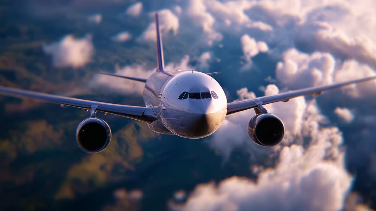 Vista aerea di un aereo che solca cieli panoramici con nuvole soffici in un tramonto mozzafiato, catturando l'essenza del viaggio aereo e dell'esplorazione in volo