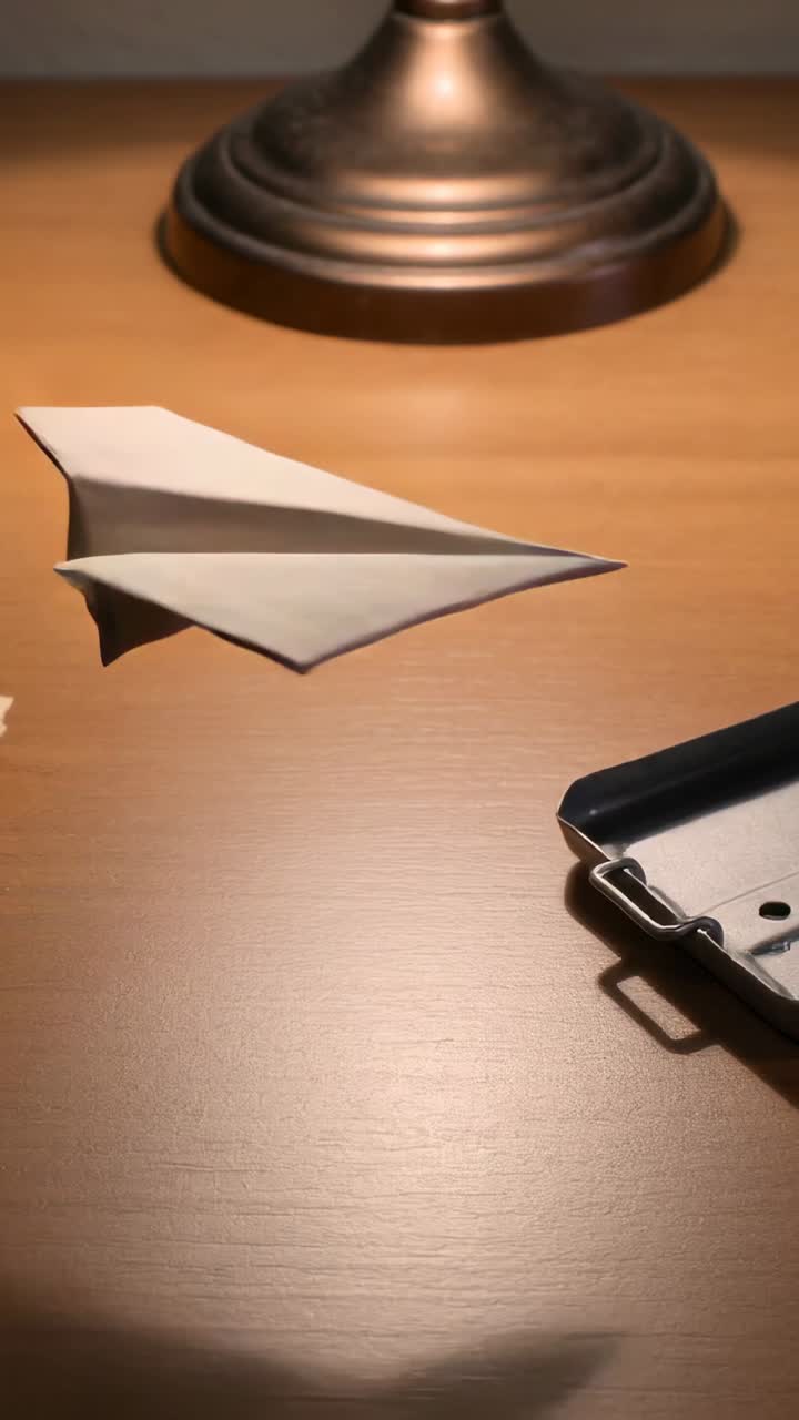 Video verticale: Aeroplano di carta che plana entra da sinistra, attraversa una scrivania di legno sotto una lampada, vicino a una spillatrice.