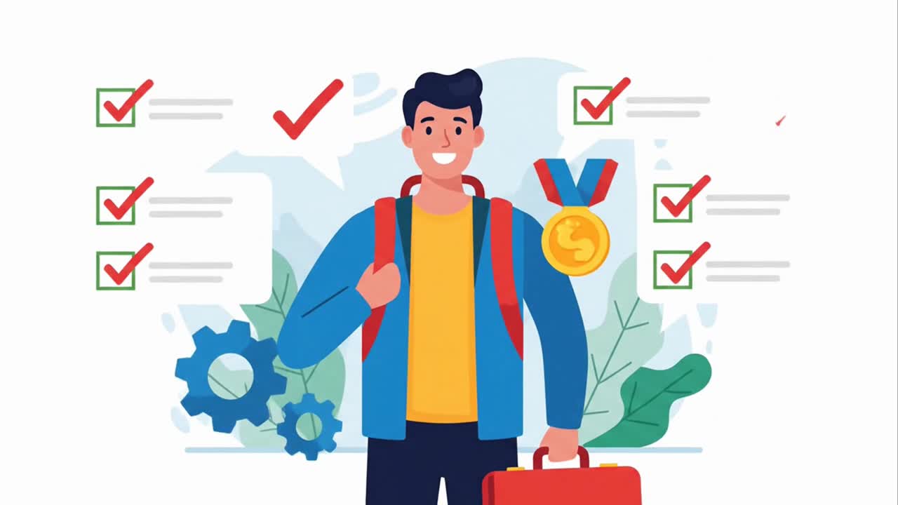 Studente felice con uno zaino dopo aver completato con successo una checklist scolastica