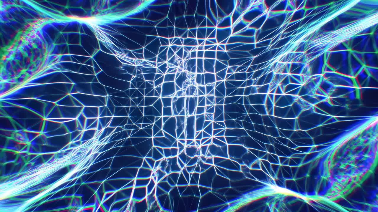 Glowing Network Mesh Undulating Like Neural Tissue, Bioluminescent White Filaments Over Deep Blue Field,