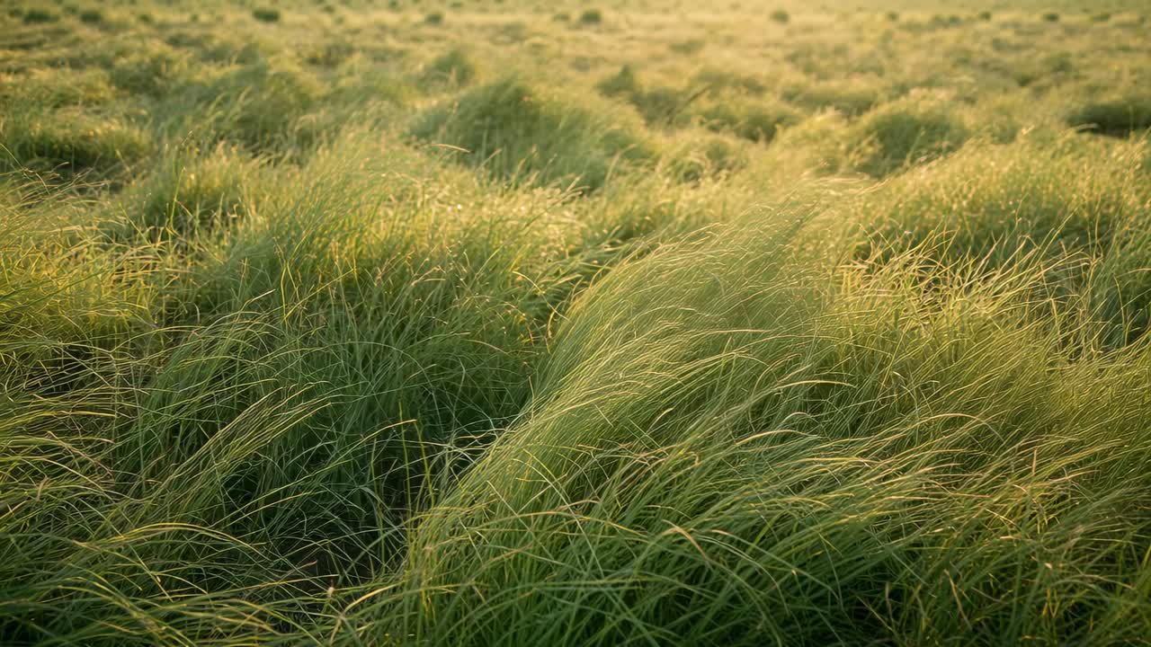 Giętkie kępy dzikiej trawy reagujące na przechodzący wiatr na niskiej łące, z kołyszącymi się oświetlonymi słońcem źdźbłami.