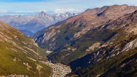 Summer-Alphabel-Saastal-Saas-Fee-Grund-Switzerland-top-of-Swiss-Alps-alpine-valley-glacier-mountain-peaks-summer-early-morning-stunning-vibrant-clear-blue-sky-Zermatt-slowly-pan-left