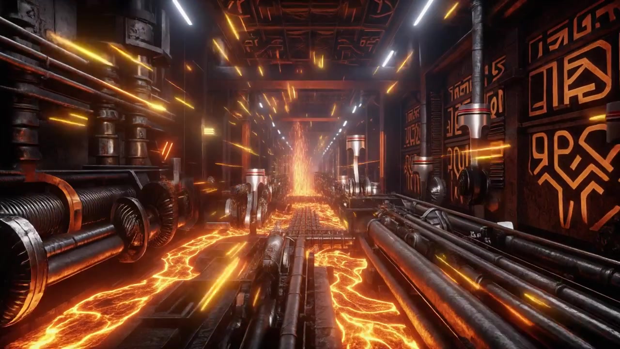 Futuristic Industrial Corridor with Flowing Molten Lava