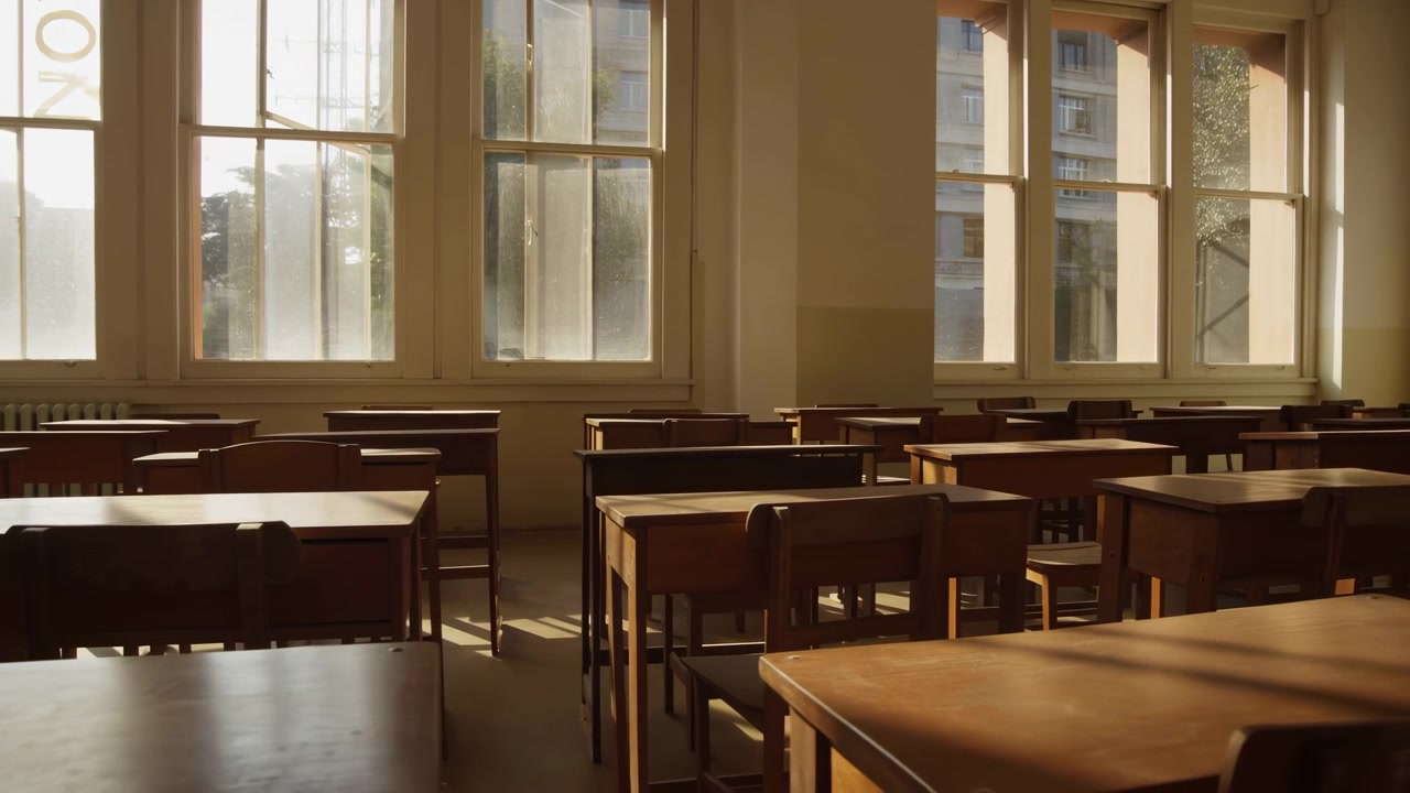Interno di aula vuota con file di banchi e sedie in legno per studenti rivolti in avanti, calda luce solare bassa che filtra attraverso alte finestre a più riquadri, creando ombre morbide, atmosfera calma, texture usurate.