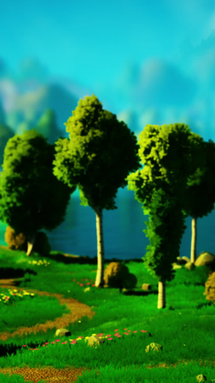 тропа, ведущая через зеленый луг с деревьями и голубым небом