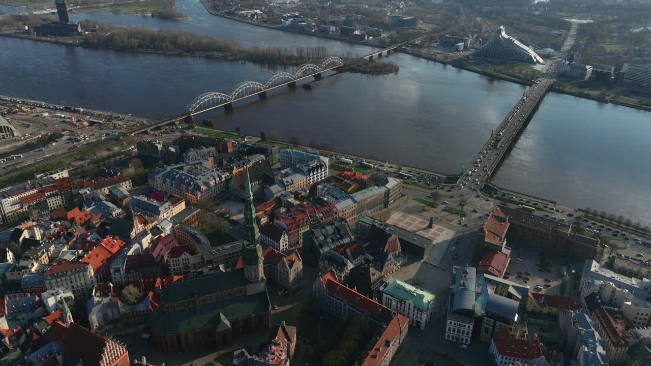 Aerial panoramic shot featuring Riga's Railway bridge over Daugava river, near dome cathedral, St