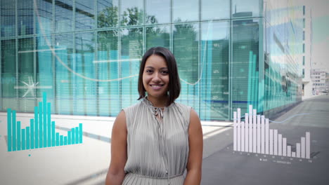 young successful businesswoman stands in front of modern glass office complex surrounded by digital graphs, charts, graphs, business data