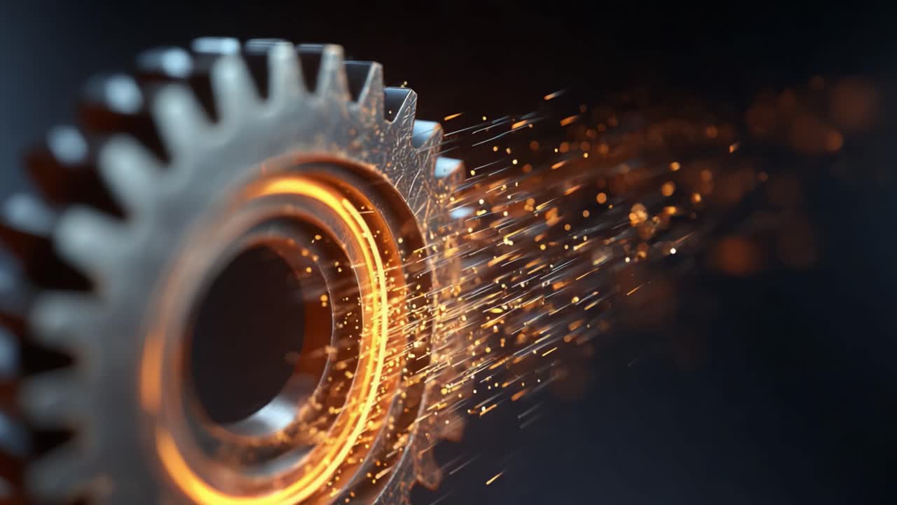 A dynamic view of a metallic gear in motion, producing sparks and energy, embodying the essence of engineering and mechanical innovation in a dazzling visual display