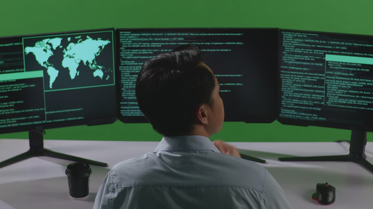 Back View Of Asian Man Developer Thinking About Something While Write Code With Multiple Computer Screens In Green Screen Studio