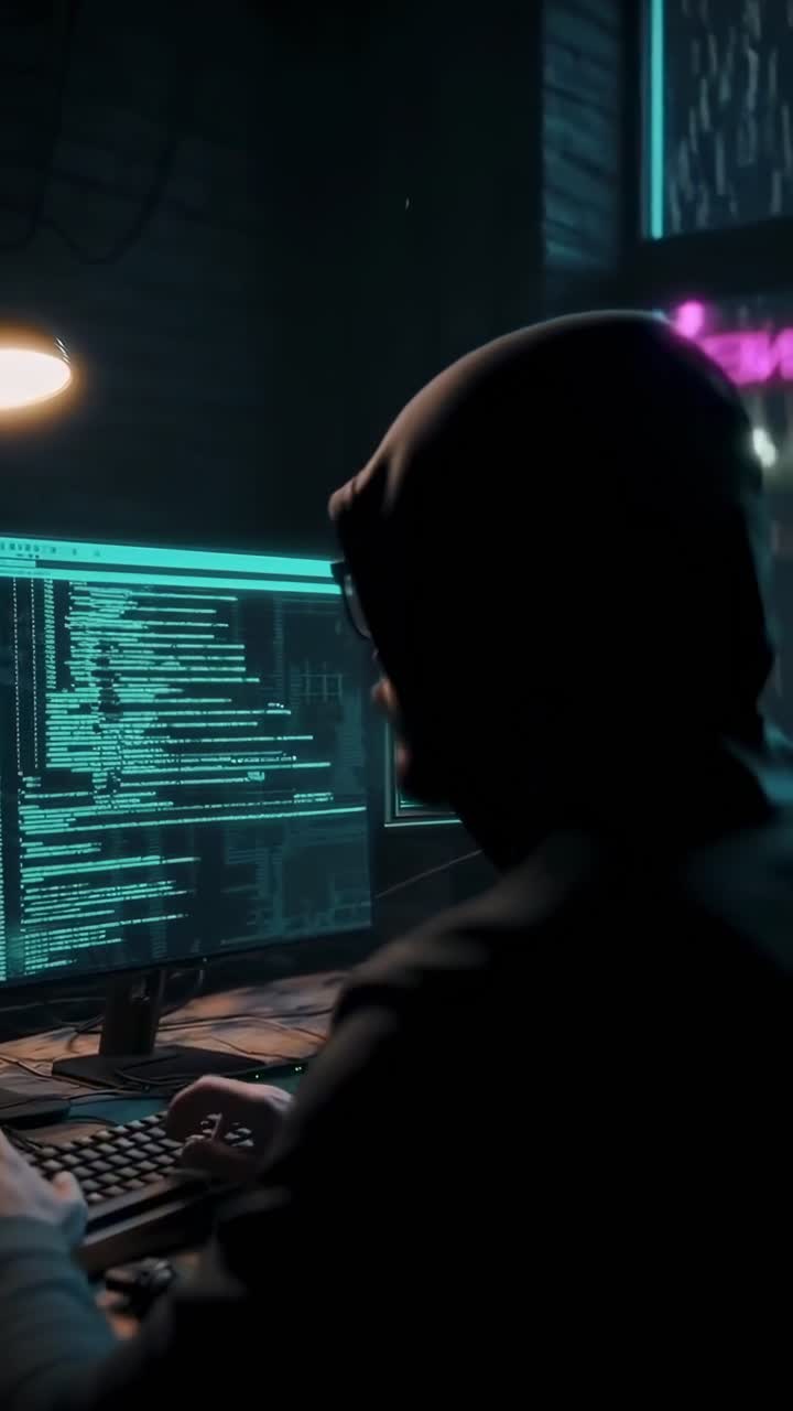 Fotogramma suggestivo di un hacker a una scrivania, che programma su due monitor, ripreso da un'angolazione laterale.