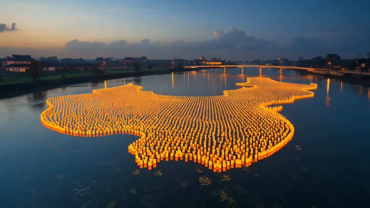 Candle Installation in the Shape of China on a River