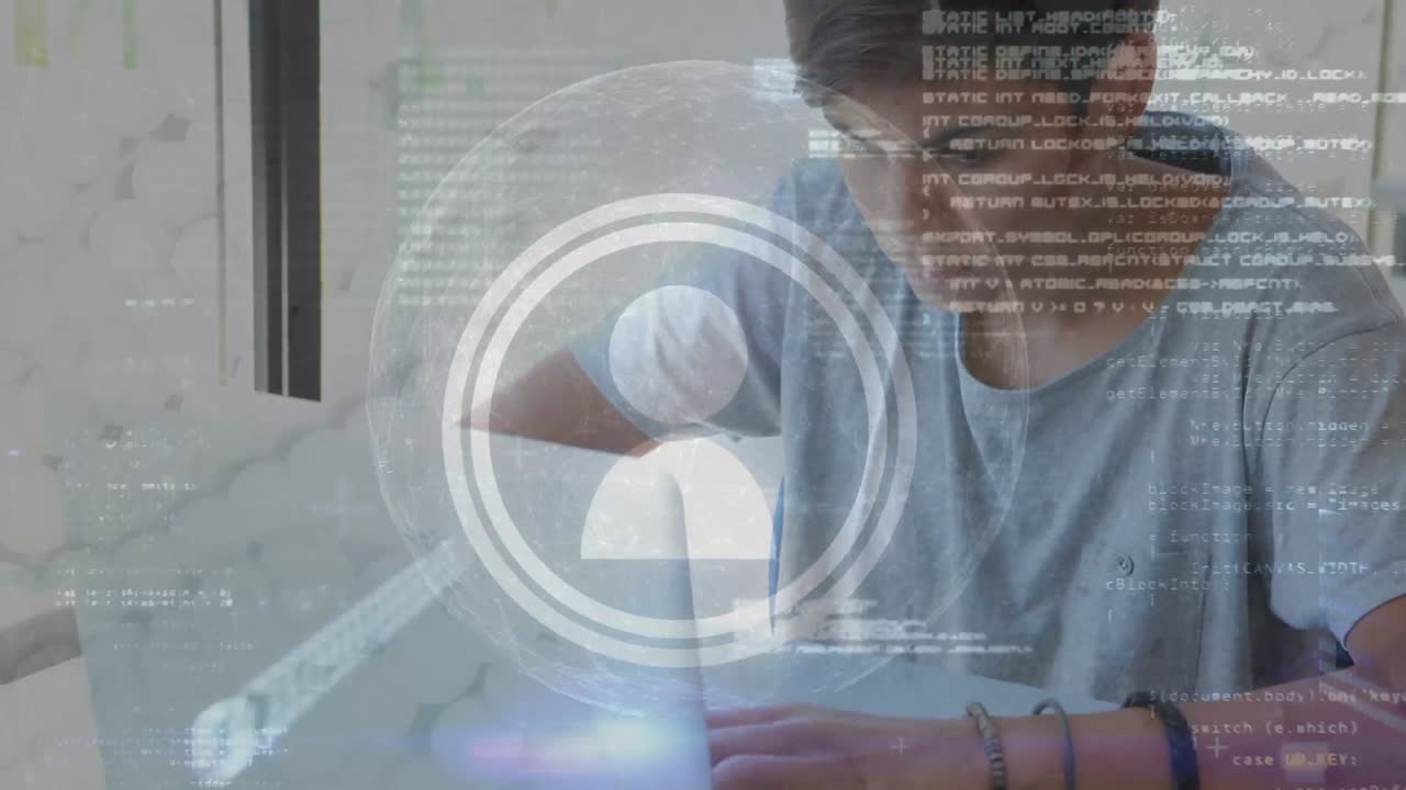Animation of data processing and people icon over schoolboy using laptop