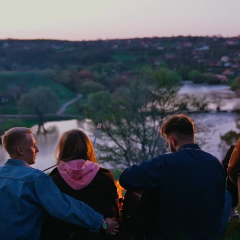young people have a picnic in the evening. group of friends spending happy time by the fire on beautiful nature background. rear view