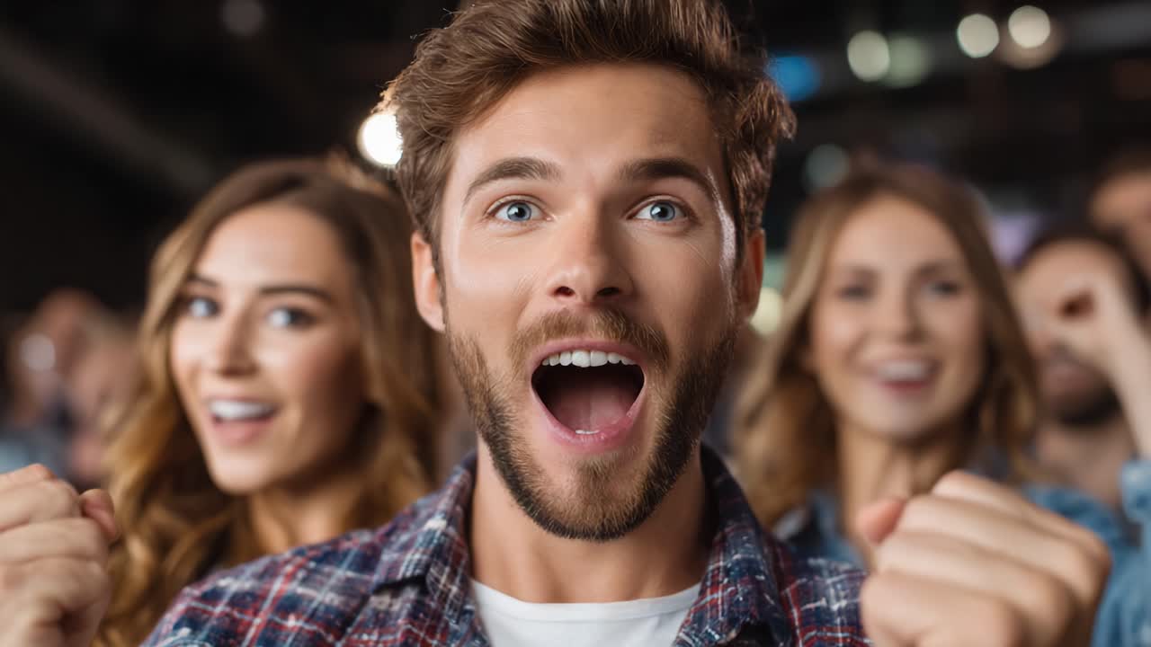 A Triumphant Celebration: Young Adults Expressing Joy and Excitement with Fists Pumped in the Air, Showcasing Euphoria in a Vibrant Group Setting