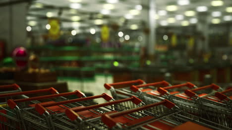 shopping carts lined up inside a grocery store in a bustling marketplace