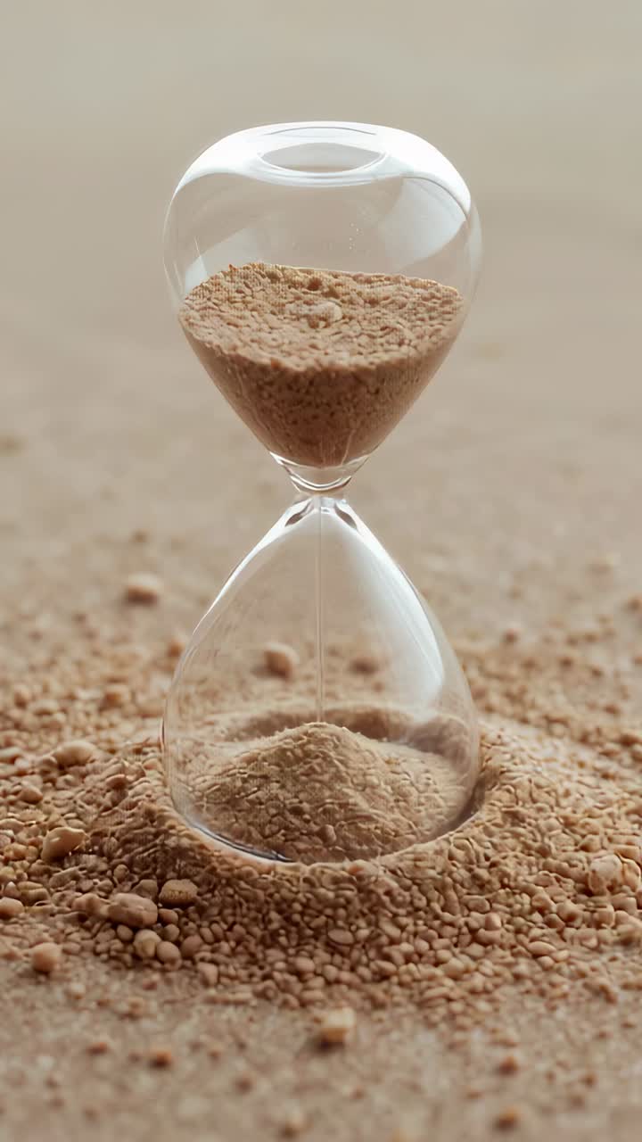Vertical video: Pulling sand by gravity, glass hourglass showing beige sand forming cone on sandbed