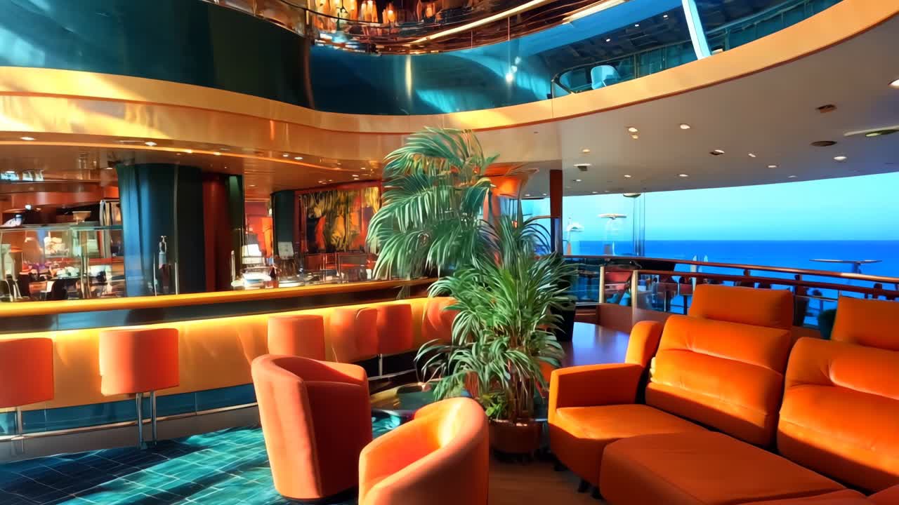 오렌지색 의자 와 바 가 있는 큰 방