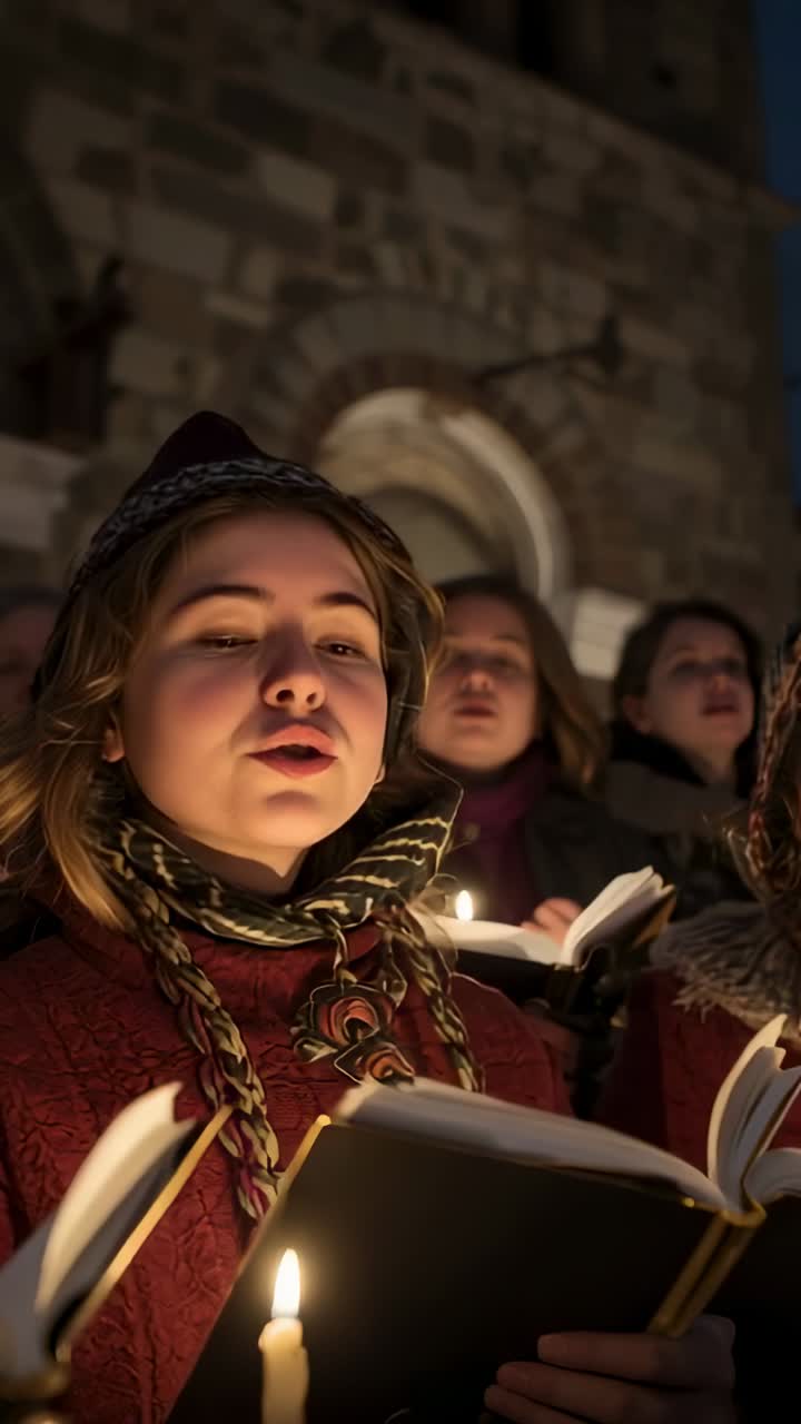 Vertical video: Breathing choir singer in coat singing hymn on church steps with candles hymnals