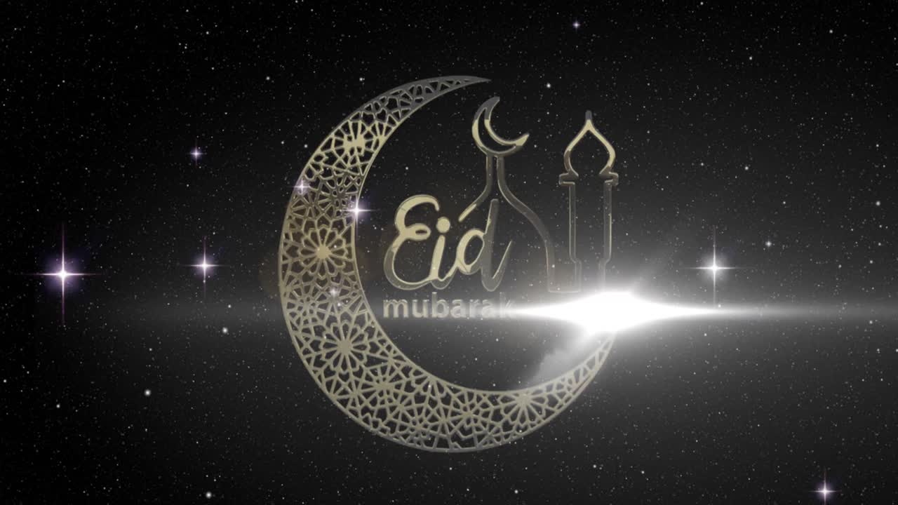 animación del texto de eid mubarak con luna creciente y mezquita con estrellas de fondo
