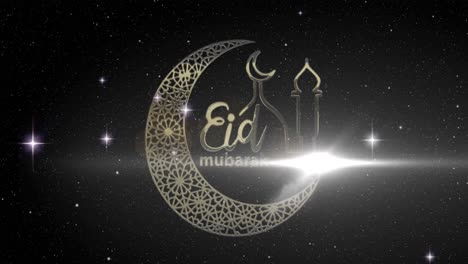 Animation-of-eid-mubarak-text-with-crescent-moon-and-mosque-with-stars-background