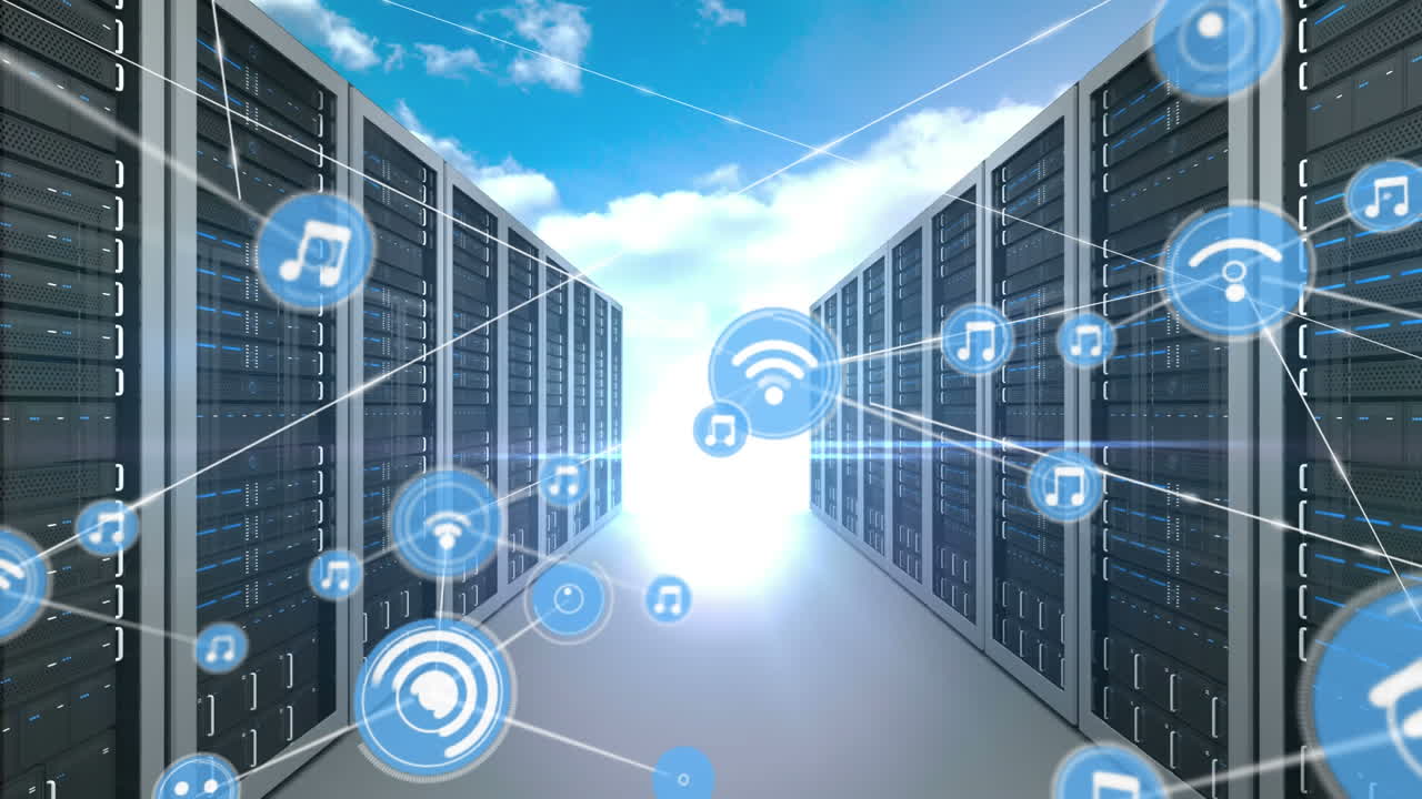 Animation of network of connections with wifi reception and music icons