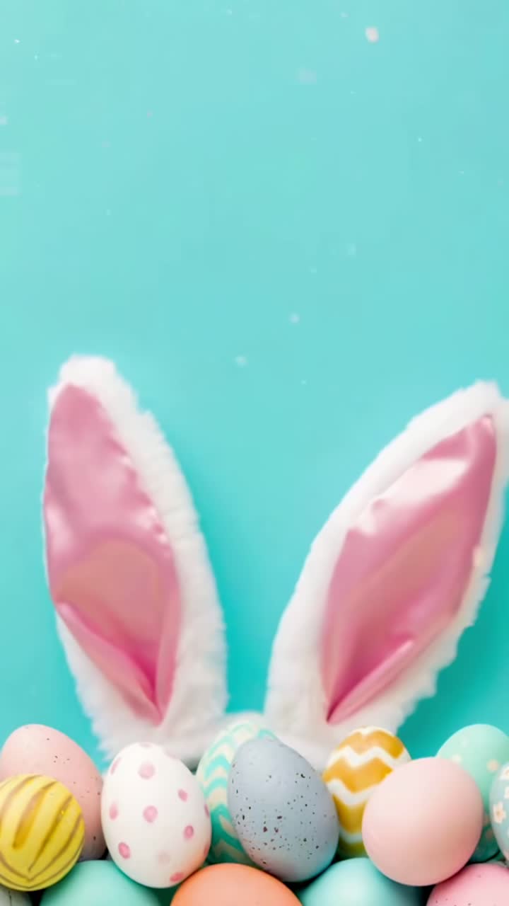 Video pasquale giocoso con orecchie da coniglietto e uova colorate, ripreso da un angolo dall'alto