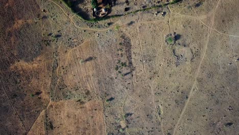 vista cenital aérea de las manyattas, casas tradicionales de la región karamoja de uganda, áfrica