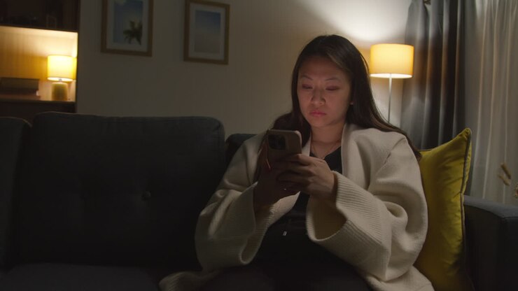 Woman Spending Evening At Home Sitting On Sofa With Mobile Phone Scrolling Through Internet Or Social Media 4