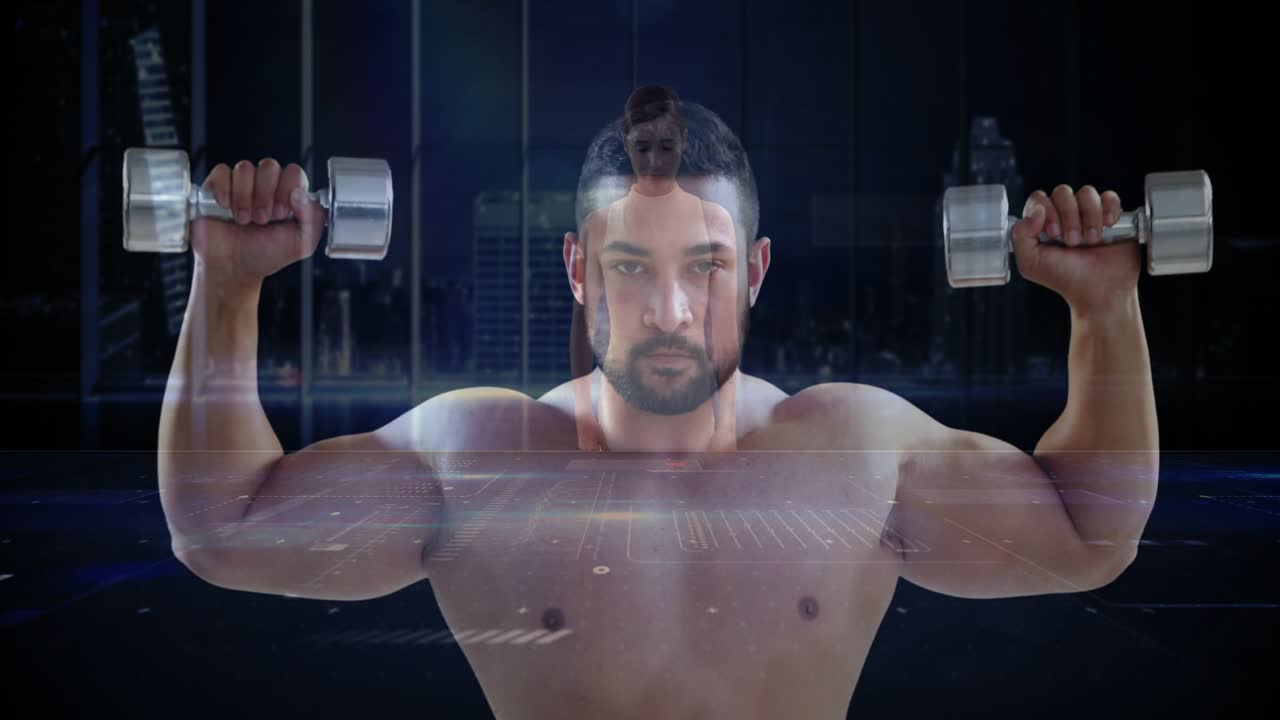 Shirtless man gripping dumbbells and pressing in fitness set, HUD showing data, ghost woman overlay