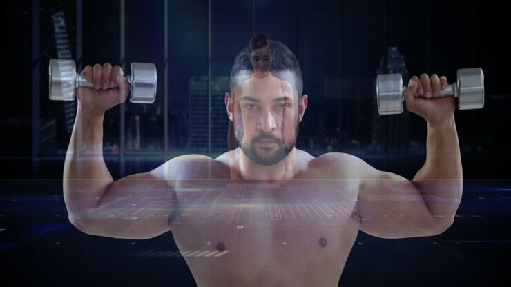 Uomo a torso nudo che stringe dei manubri e si allena in un set fitness, HUD che mostra dati, sovrapposizione di una donna fantasma
