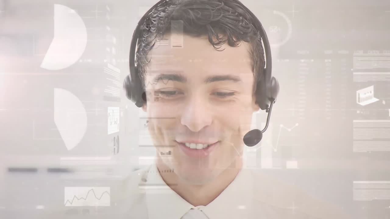 Animação de processamento de dados financeiros e estatísticos sobre empresário usando fone de ouvido