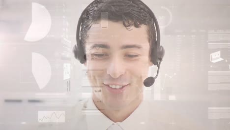 Animation-of-financial-and-statistic-data-processing-over-businessman-wearing-phone-headset