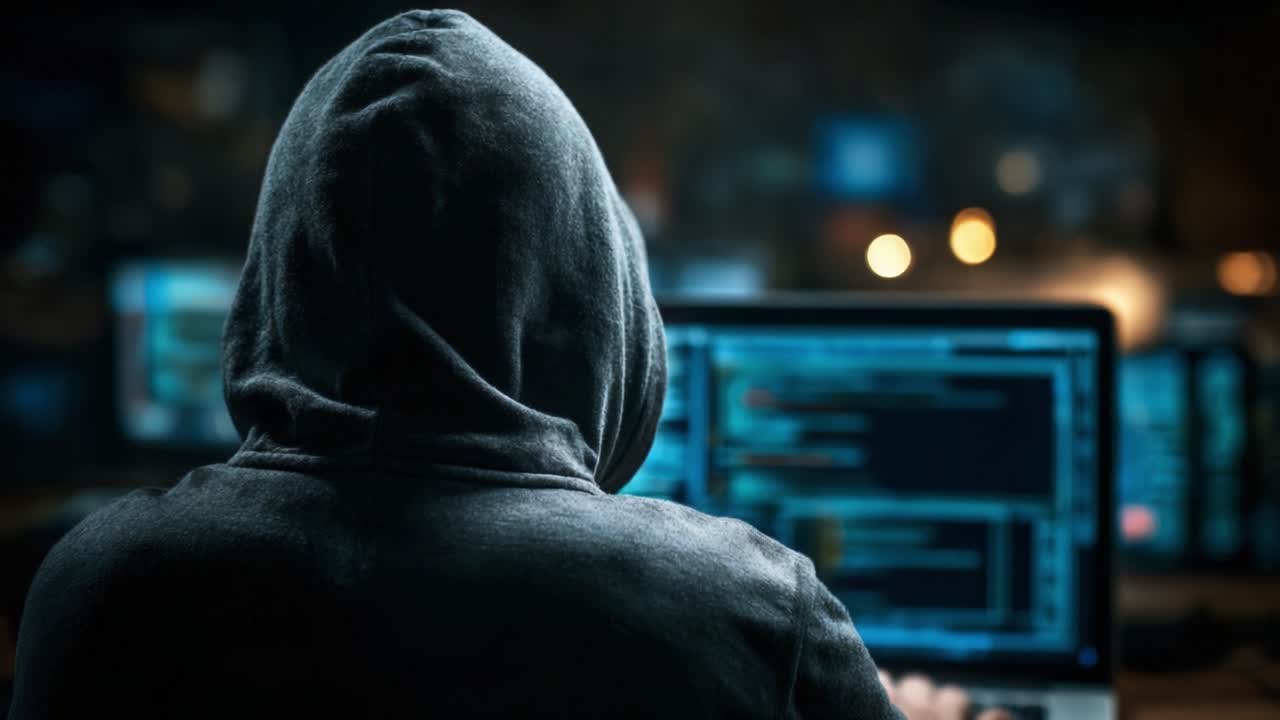 Intriguing Glimpse into the Digital Underworld: A Hooded Figure Engages with Code Amidst the Glow of Computer Screens, Symbolizing the Secrets of Cybersecurity and Hacking