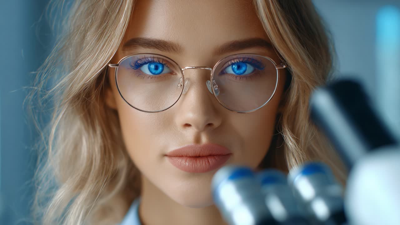 A focused scientist gazing through a microscope, embodying curiosity and dedication to discovery in a vibrant laboratory environment with glowing blue eyes