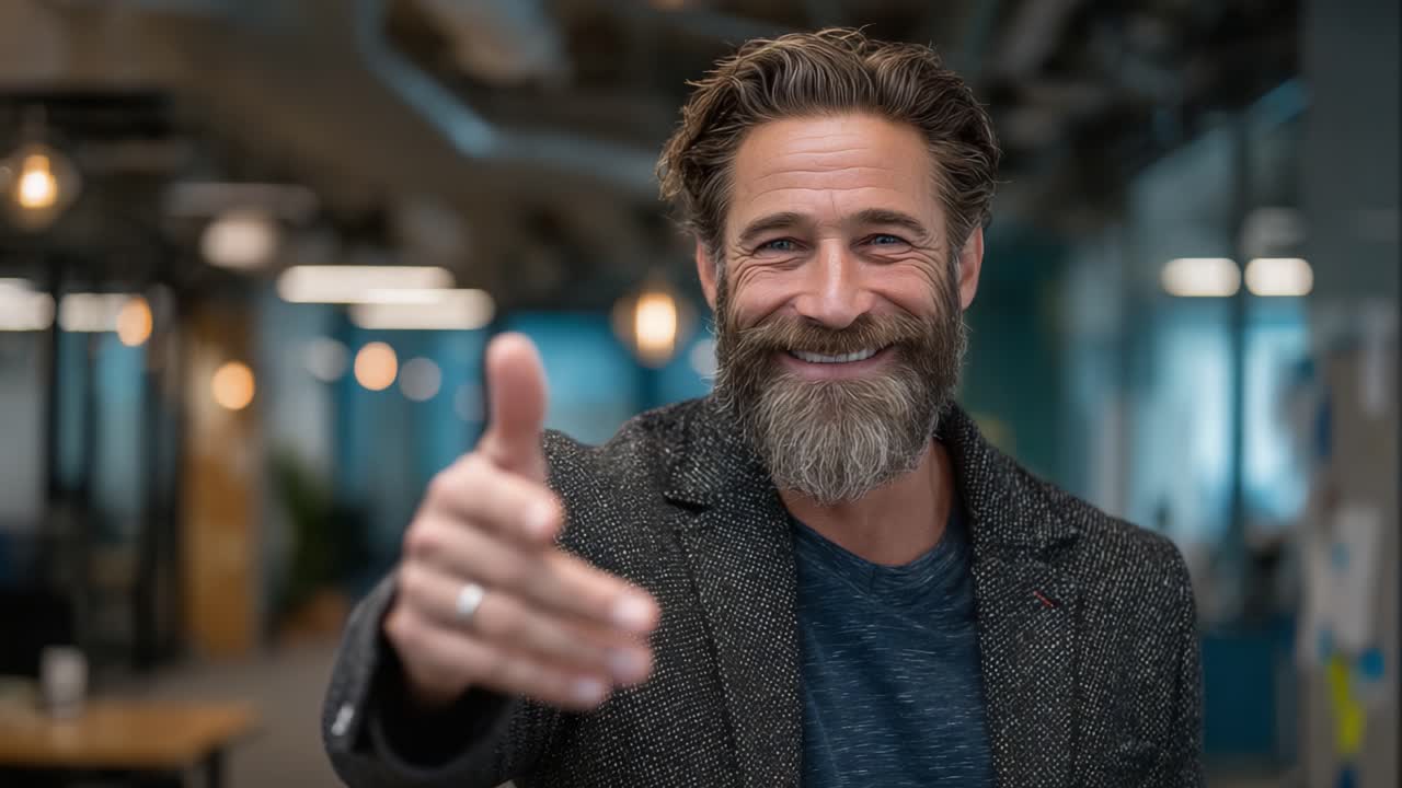Vriendelijk gebaar op een moderne werkplek: een bebaarde man glimlacht en steekt zijn hand uit voor een warme begroeting, geplaatst tegen een eigentijdse kantoorachtergrond.