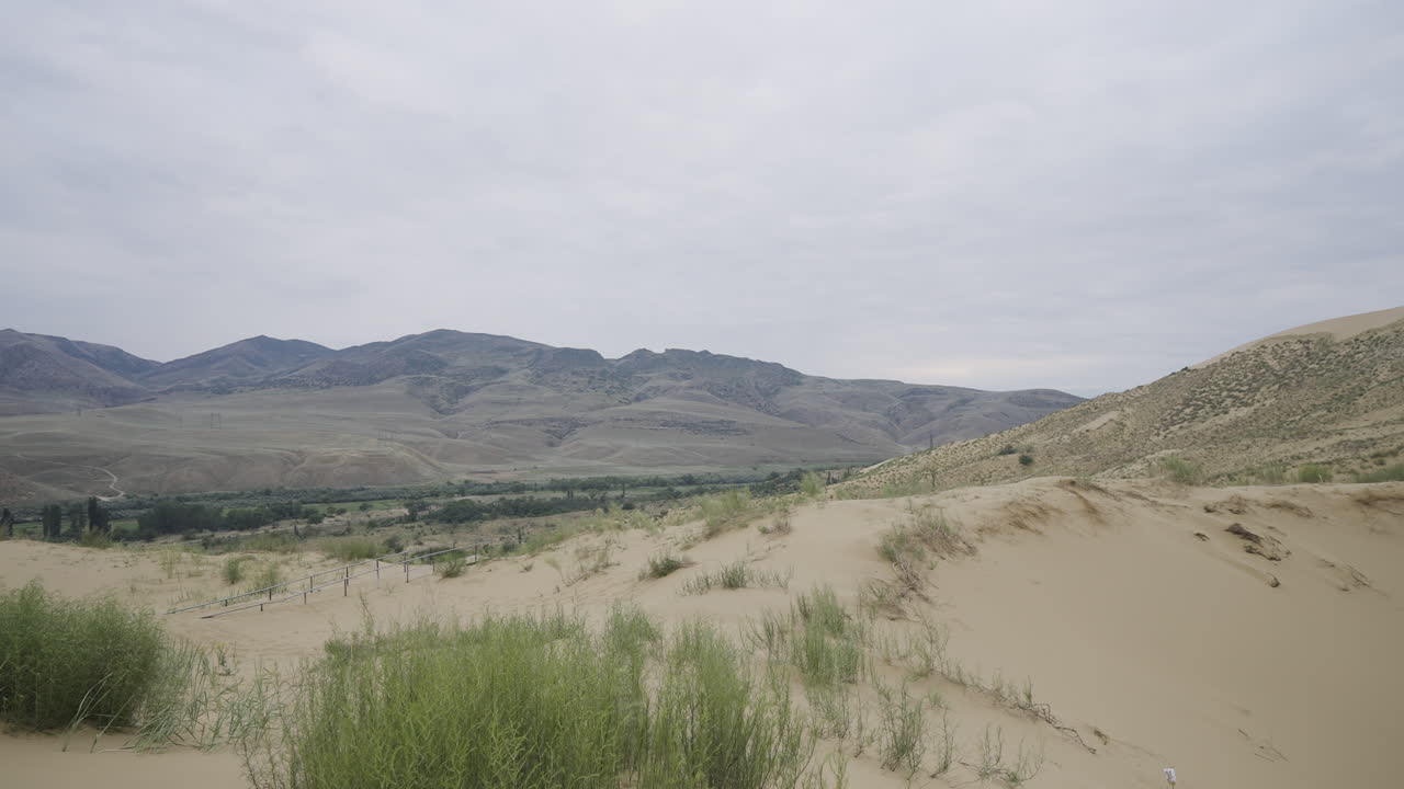 пустынный ландшафт с песчаными дюнами и горами