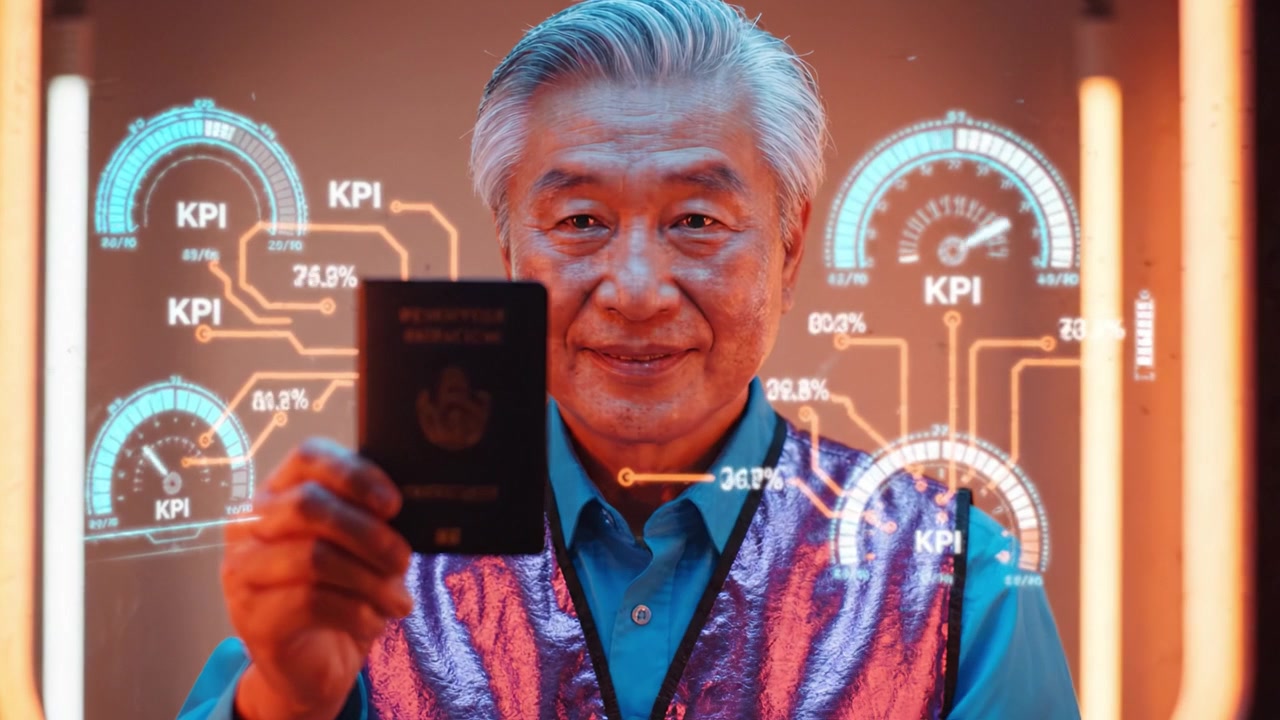 Un individuo sicuro di sé che mostra un passaporto con grafiche futuristiche, evidenziando metriche e statistiche digitali, a rappresentare l'identità e l'interazione con la tecnologia moderna.