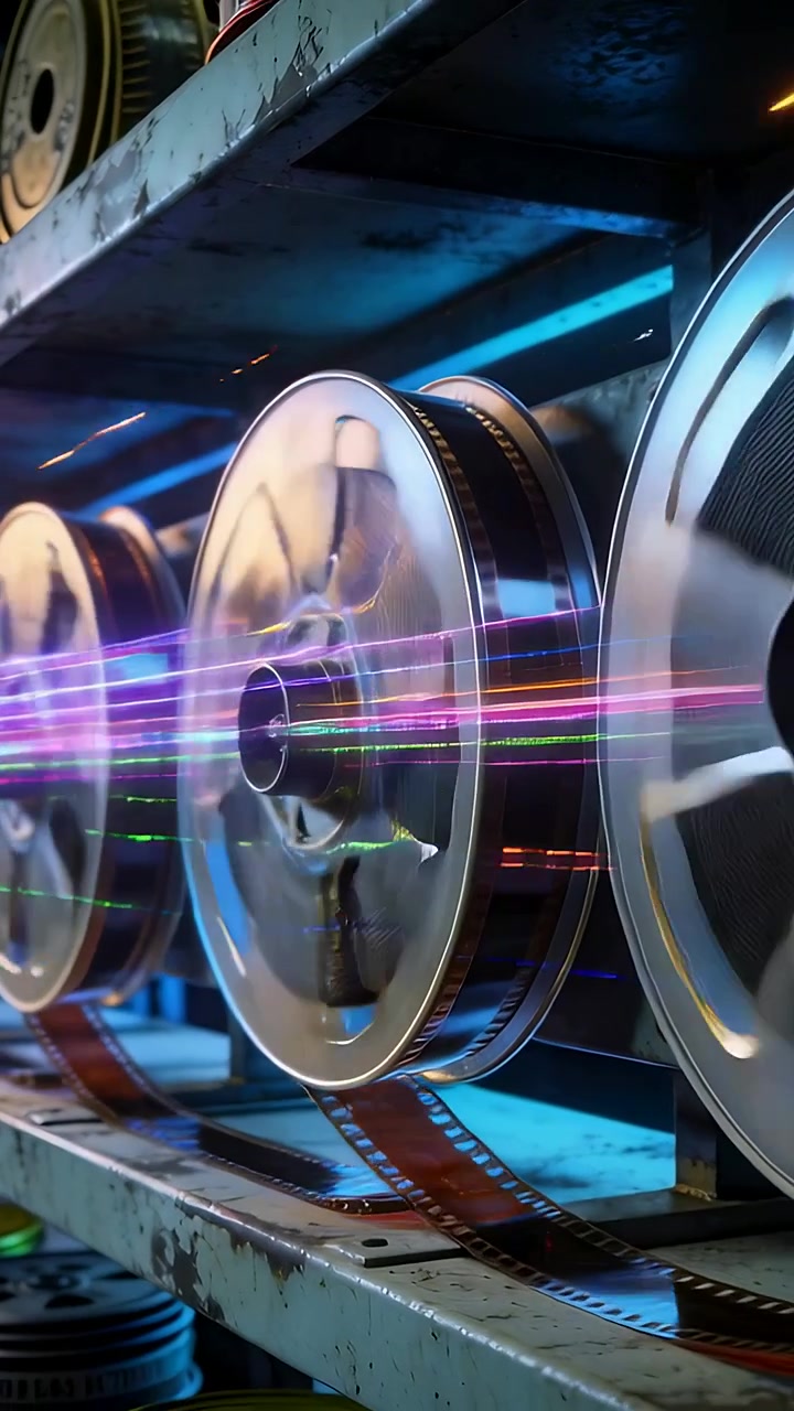 Vertical video: Scanning light streaks causing metal reels rotating in film room showing filmstrip