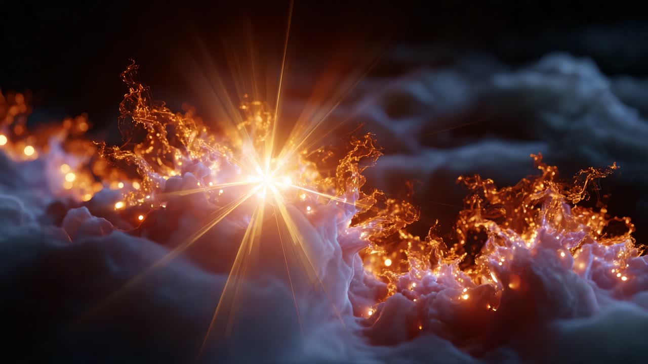 A Cosmic Dance of Light and Flame: Explosive Energies Emerge from Dreamlike Clouds in an Interstellar Display of Color and Texture