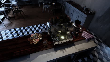 coffee shop interior with espresso machine and donuts