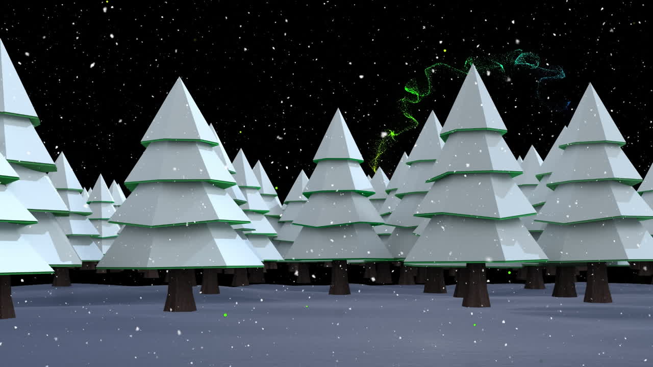 Animation of snow falling over christmas trees in winter scenery