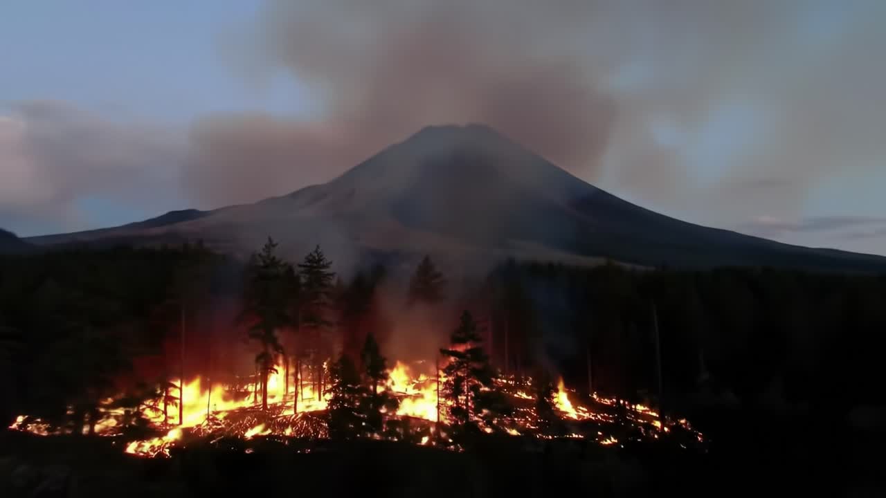 Majestic Volcanic Landscape Erupts into Wildfire Chaos with Flames Engulfing Forested Area Underneath the Towering Mountain Peak