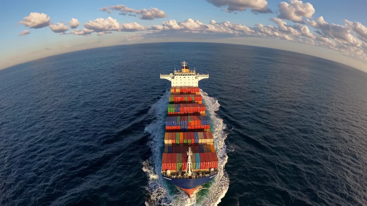 Vista aerea di una nave cargo che naviga nell'oceano, catturando la vastità del mare