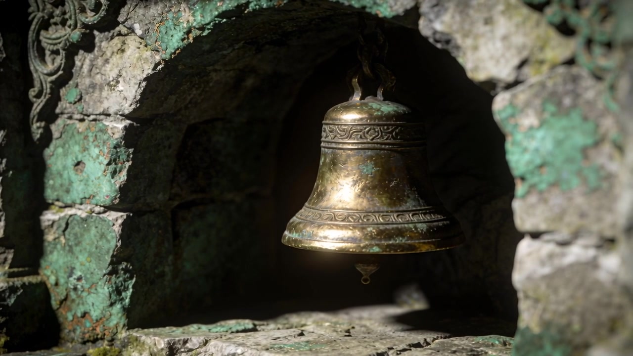 Campana di bronzo appesa che oscilla per una leggera brezza in una nicchia ad arco in pietra, con il batacchio visibile.