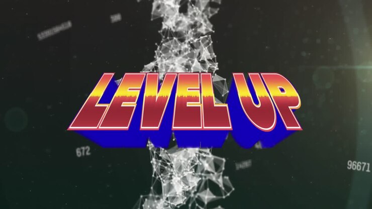 Animation of level up text over data processing on black background