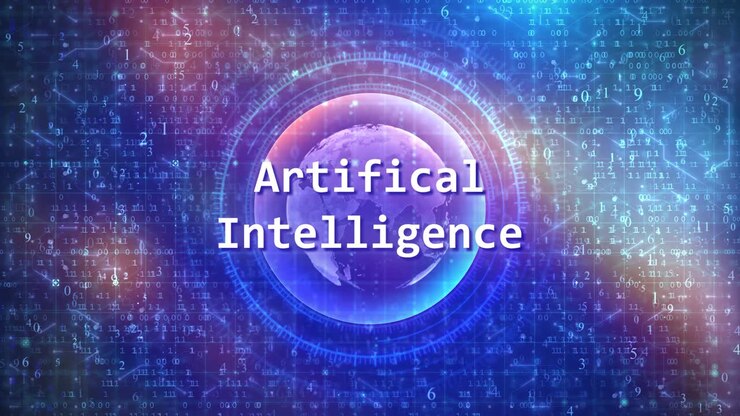 Artificial Intelligence Text with Digital Globe and Data Background