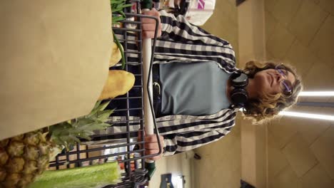 una mujer bonita con camisa a cuadros y auriculares en el cuello está caminando en la tienda de comestibles dirigiendo el carrito de compras con comida dentro y