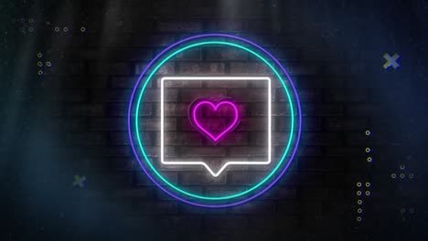 animation of neon circle with heart over navy background with diverse shapes