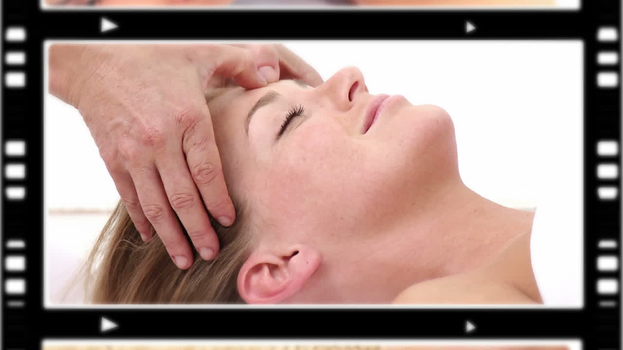 montaje de mujeres relajándose mientras se dan un masaje