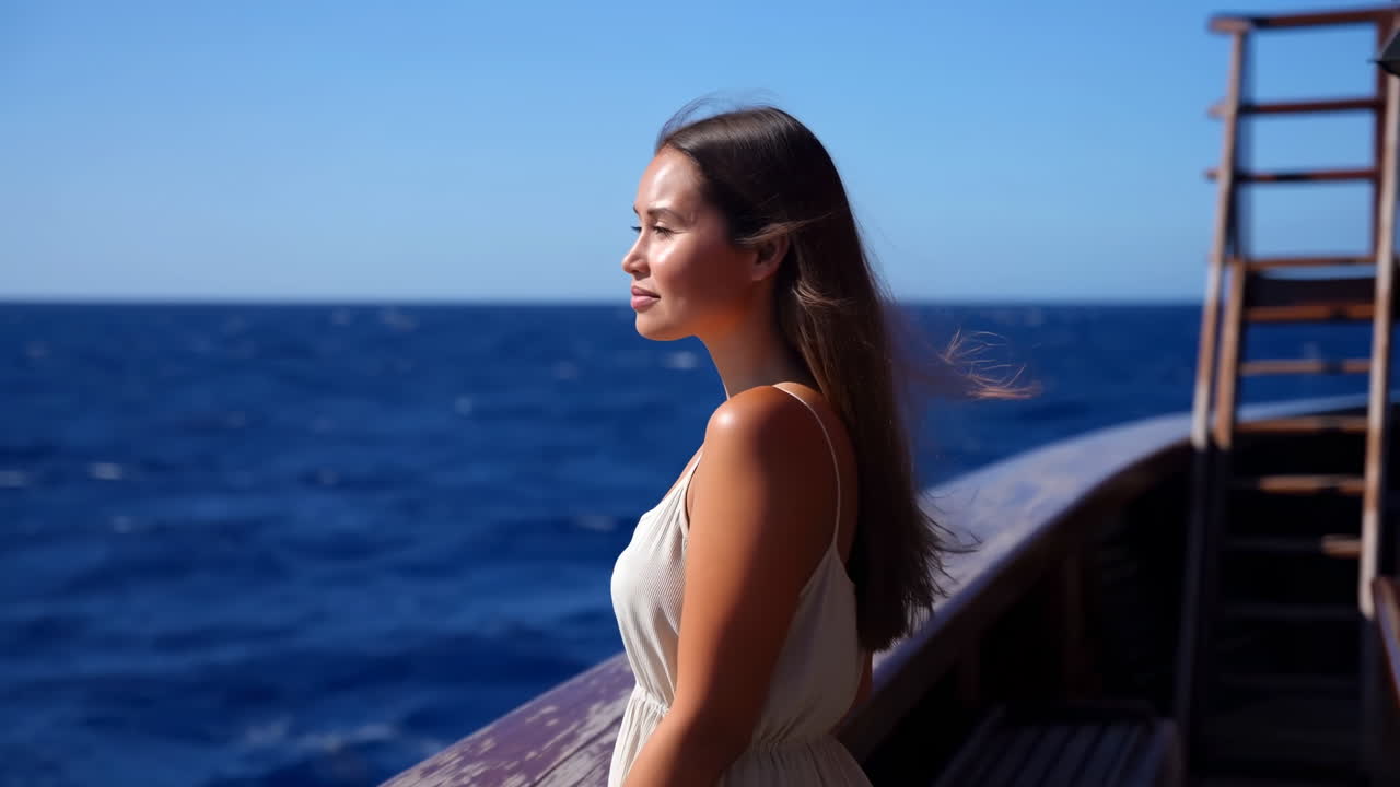 Young Asian Woman On Yacht Deck, Gazes Toward Endless Blue Sea With Gentle Breeze, Wearing Flowing White